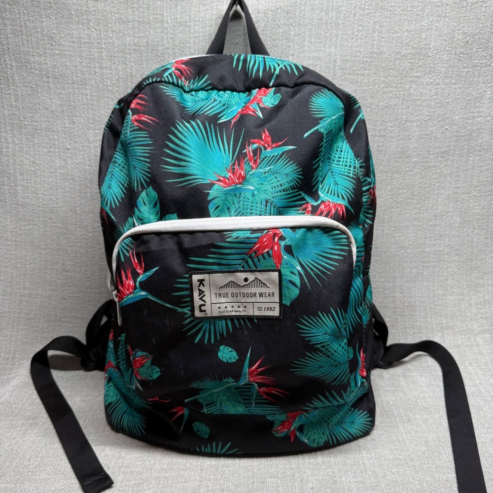 KAVU Backpack Full Size Tropical Bird of Paradise Floral Print Black Teal Green
